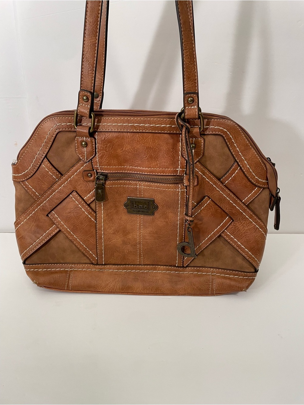 BOC Born Concepts Brown Shoulder Bag Purse Woven Accent Double Zip Large